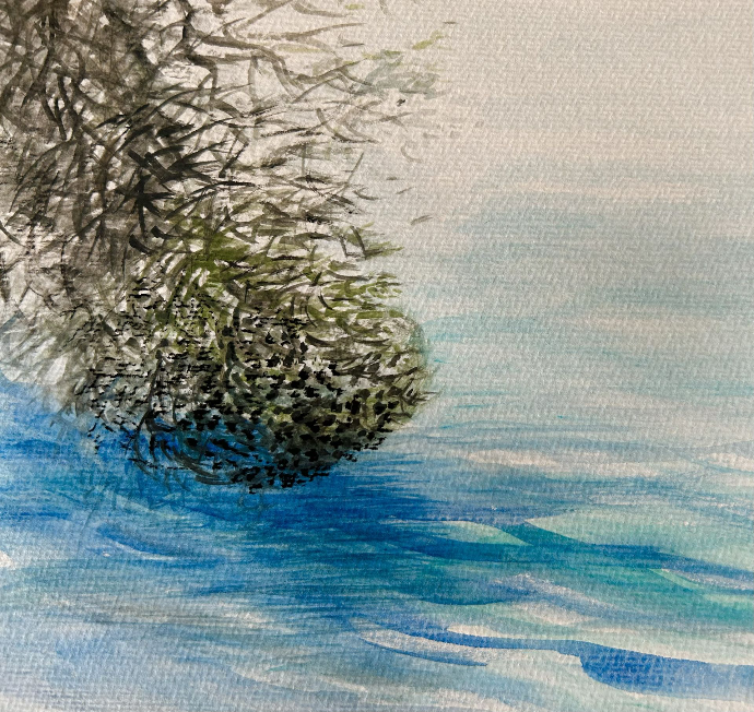 Aquarell - Titel: Acqua calma III / gerahmt 30x30 (HALBE)/ Passepartout Ausschnitt 20x20 / Ort: Punta Licosa / Unikat KalmanfiArt - Galerie Cilento