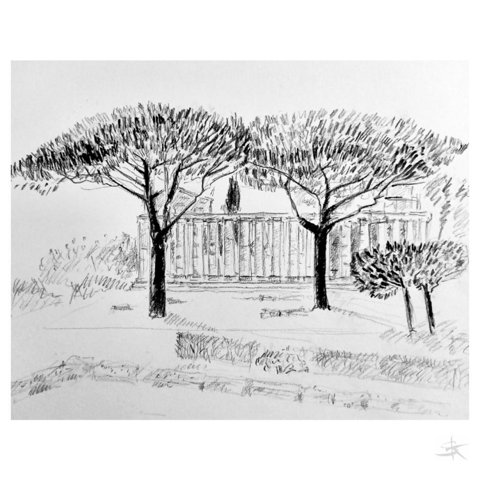 Zeichnung - Graphit / Titel: Athena - Templi di Paestum / Passepartouthülle A4 / UNIKAT KalmanfiArt - Galerie Cilento