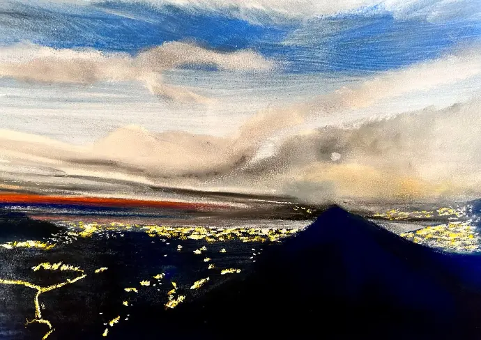 Trentinara - Luce sulla città - Pastel - 30x24 - 40x30 Passepartout - UNIKAT Kalmanfi.Art - Galerie Cilento