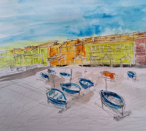 Aquarell - Titel: Porto Santa Maria di Castellabate II - Cilento / gerahmt 30x30 / UNIKAT KalmanfiArt - Galerie Cilento